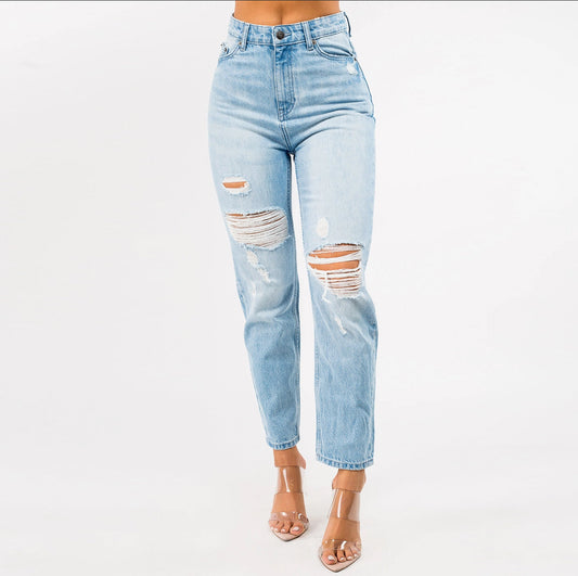 High Waisted Distressed Boyfriend Jeans